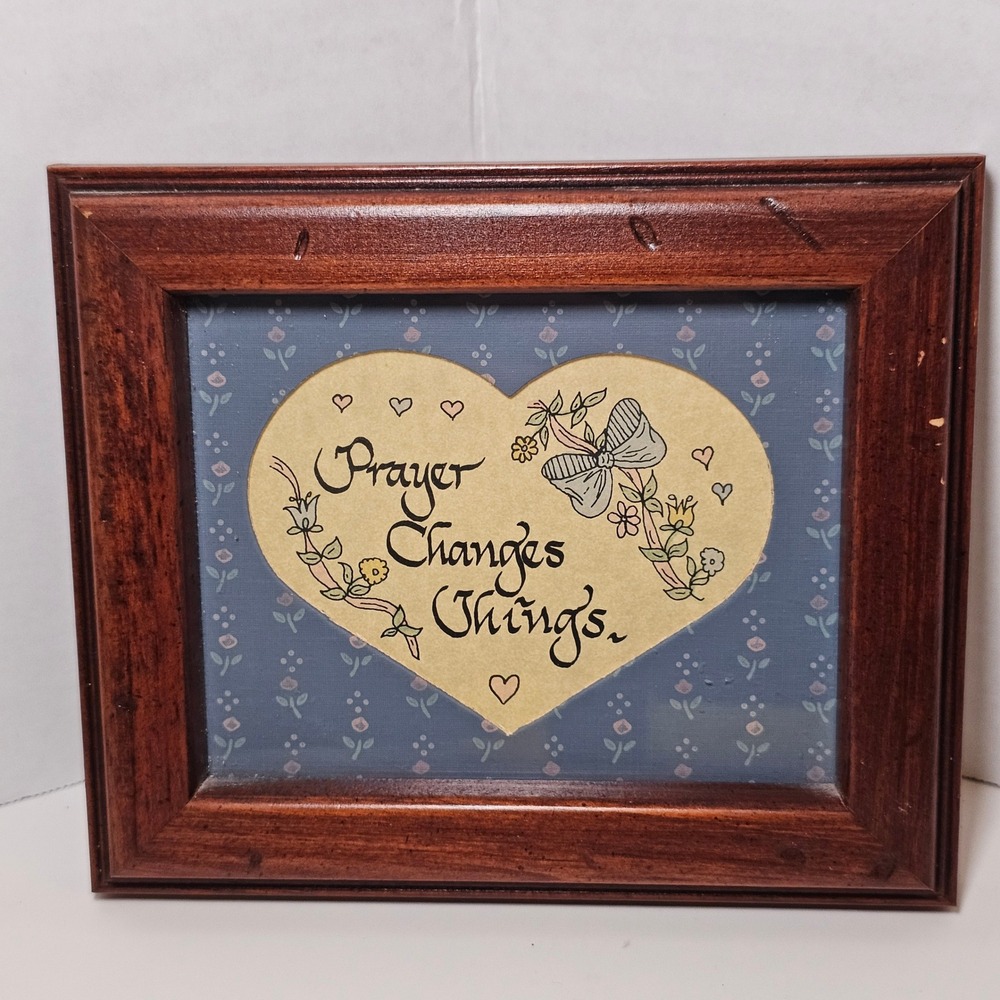 Vintage Prayer Changes Things Framed Wood Wall Art Blue Floral Bows Heart ‎ 5x6